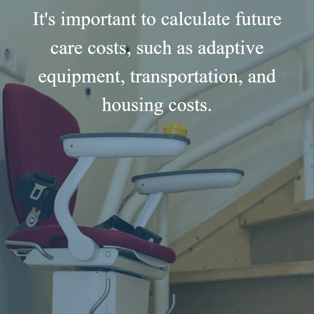 image with text that says it's important to calculate future care costs, such as adaptive equipment, transportation, and housing costs.
